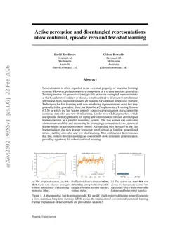 Active perception and disentangled representations allow continual, episodic zero and few-shot learning