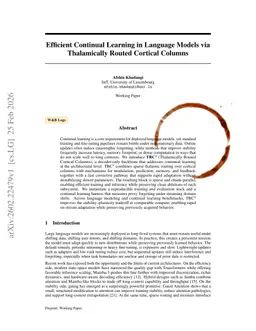 Efficient Continual Learning in Language Models via Thalamically Routed Cortical Columns