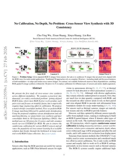 No Calibration, No Depth, No Problem: Cross-Sensor View Synthesis with 3D Consistency