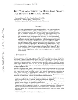 Test-Time Adaptation via Many-Shot Prompting: Benefits, Limits, and Pitfalls