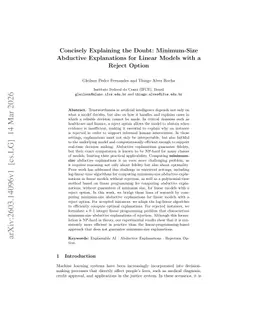 Concisely Explaining the Doubt: Minimum-Size Abductive Explanations for Linear Models with a Reject Option