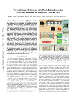 Thermal Image Refinement with Depth Estimation using Recurrent Networks for Monocular ORB-SLAM3