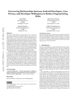 Uncovering Relationships between Android Developers, User Privacy, and Developer Willingness to Reduce Fingerprinting Risks