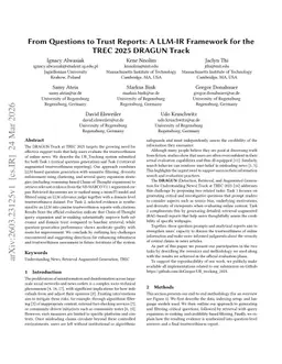 From Questions to Trust Reports: A LLM-IR Framework for the TREC 2025 DRAGUN Track