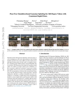 Pose-Free Omnidirectional Gaussian Splatting for 360-Degree Videos with Consistent Depth Priors